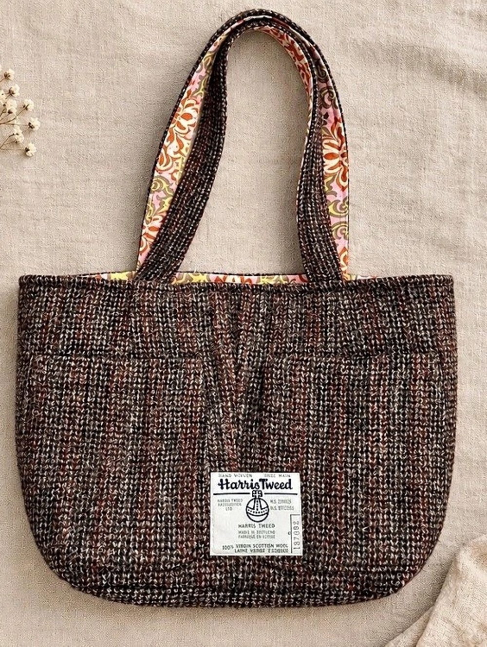 Harris Tweed Floral Tweed Tote in Brown NWT